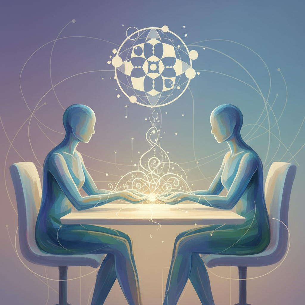 An abstract, symbolic representation of clinical supervision. Two faceless human figures, sitting side by side or interacting in a collaborative, equal, and supportive manner. No hierarchy, romance, or submission—just a sense of partnership and professionalism. The scene is abstract with subtle visual elements suggesting connection or shared purpose.