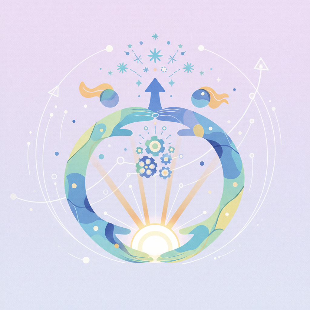 A symbolic, collaborative, inspiring representation of supervision with two figures working together, minimal or abstract style, no romantic or couple-like vibes, not gendered, showing hands or interaction, fun and uplifting mood.