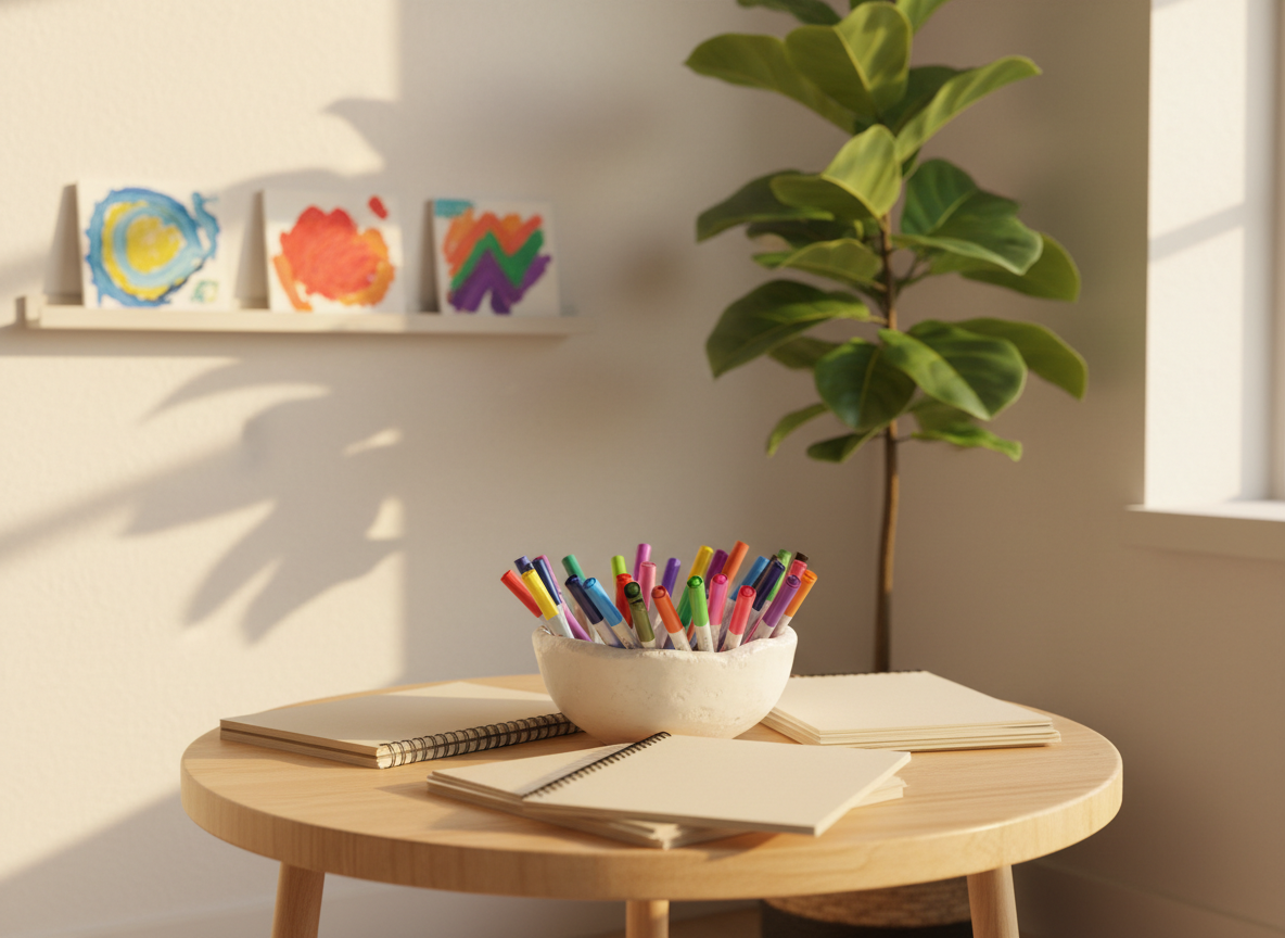 A serene therapy corner featuring a low round table with a simple ceramic bowl overflowing with colorful markers, soft crayons, and smooth colored pencils, surrounded by stacks of thick drawing paper and small sketchpads. A tall plant with broad, green leaves stands beside the table, partly filtering warm golden-hour light that creates dappled patterns on the wall. On a nearby floating shelf, a few small abstract paintings in childlike, expressive styles add playful color without feeling overwhelming. Photographic realism, composed with the table in the foreground and the plant framing one side, using a shallow depth of field to create a cozy, grounded, and gently playful atmosphere ideal for emotional expression through art.