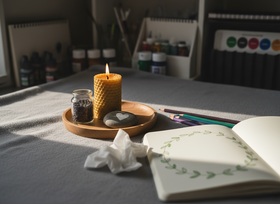 A grief and bereavement art therapy vignette showing a small, round wooden tray on a soft gray fabric surface, holding a lit beeswax candle, a smooth river stone painted with a simple heart, a tiny glass jar of dried lavender, and an open journal with a hand-drawn border of leaves around a blank page. Nearby, colored pencils and a single folded tissue rest gently. Soft, diffused late-afternoon light enters from the side, creating a quiet glow and long, gentle shadows. The background softly hints at shelves with art materials, slightly out of focus. Photographic realism, close-up, with centered composition and intimate framing that evokes tenderness, reflection, and safety for processing loss through creative rituals.