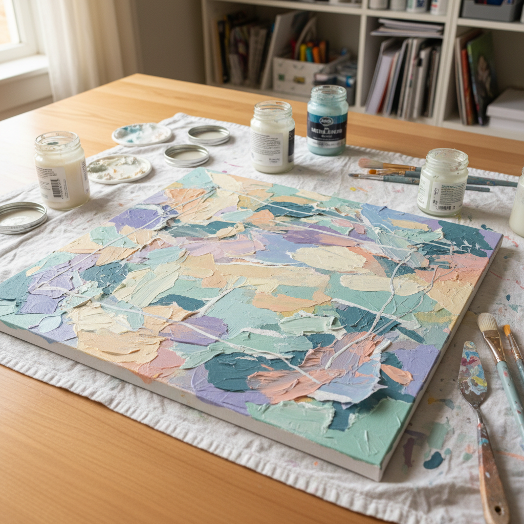A close-up of a textured mixed-media canvas in progress, lying flat on a clean wooden table, with layers of torn pastel tissue paper, smeared acrylic paint, and delicate chalk lines creating an abstract, evolving landscape. Around the edges, there are open jars of matte gel, a palette knife with dried paint, and a cluster of soft brushes resting on a paint-splattered cotton cloth. Diffused afternoon light from an unseen window grazes the surface, revealing ridges, wrinkles, and subtle color transitions. The background is softly blurred shelves filled with neatly organized art supplies. Photographic realism, shot from a slightly elevated angle, conveying a mood of thoughtful experimentation, safety, and gentle curiosity.